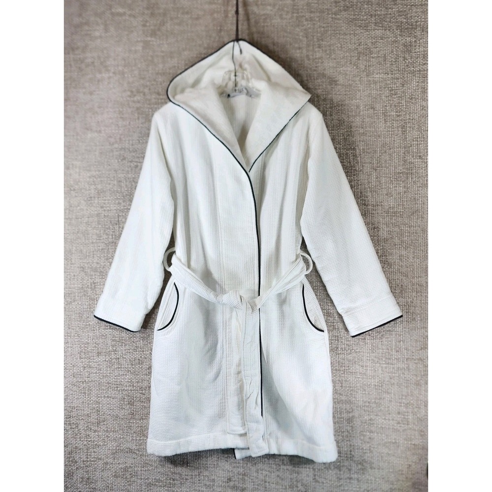Riley Home Hooded Waffle Robe Womens M White Heavyweight Cotton Okeo-Tex EUC - Picture 2 of 13